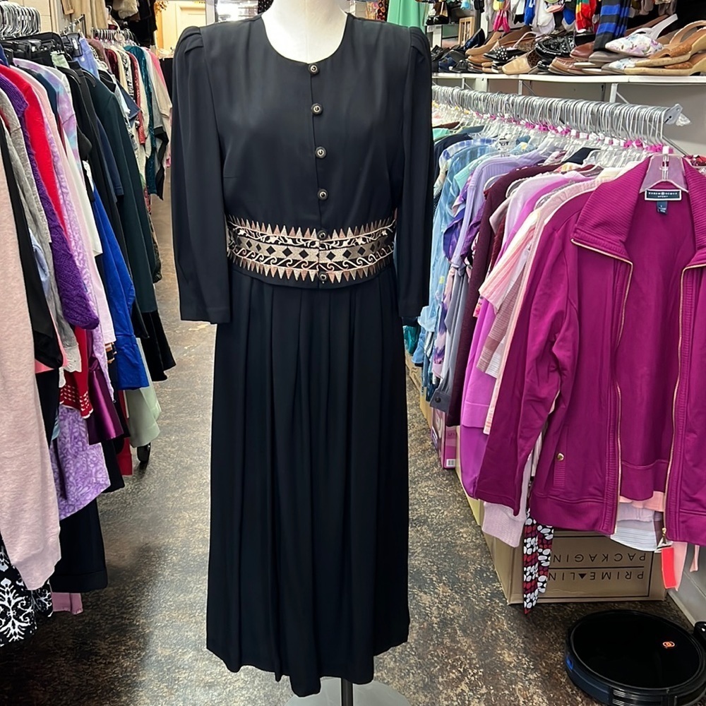 Vintage Periwinkle Black & Brown Button Front Maxi Dress Size 10